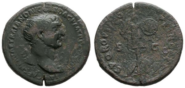 Römer Kaiserzeit Trajanus, 98-117 Æ Dupondius 107 Rom Av.: Büste mit Strahlenkrone nach rechts, Rv.: Trophaeum, Schrötlingsriss  RIC 586 ss