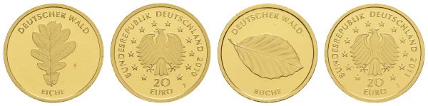 Bundesrepublik (Euro)  20 € 2010 J Eiche, roter Fleck, dazu 2011 Buche J, gekapselt mit Zertifkaten, im Holzetui  Jaeger 552, 562 st