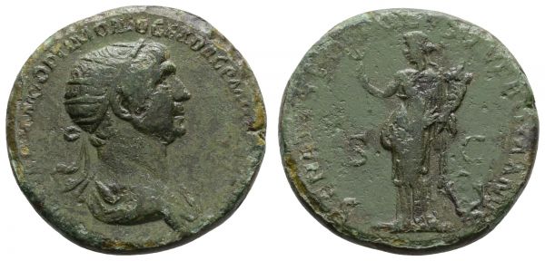 Römer Kaiserzeit Trajanus, 98-117 Æ Dupondius 114-116 Rom Av.: Büste mit Strahlenkrone, Rv.: stehende Felicitas mit Füllhorn und Caduceus, alte grüne Patina  RIC 674 13.01 g. ss