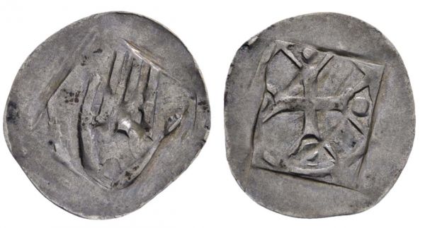 Brandenburg-Franken  Pfennig ohne Jahr Haller Art, Av.: erhobene rechte Hand Jesu, Rv.: Kreuz mit gegabelten Enden in welchen sich je eine Kugel befindet  v. Schr. vergl. 45 0.54 g. selten ss-vz