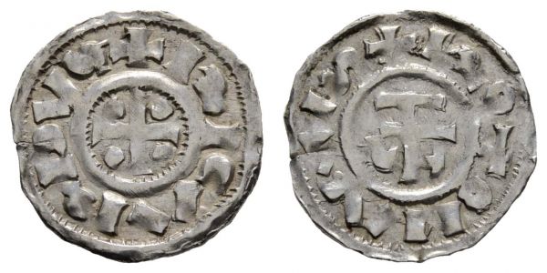 Europa Normandie Richard I., 943-996 Denar ohne Jahr Rouen Av.: Kreuz mit vier Kugeln in den Winkeln, Rv.: Monogramm des Erzbischofs  LeGros 207 D. 18 1.14 g. selten in dieser Erhaltung ss+