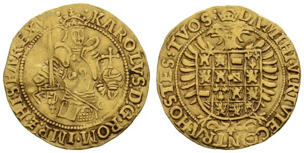 bis 1799 Belgien Brabant Real d'or ohne Jahr (1521-1540) Antwerpen/Anvers Av.: Karl V. (Karl I. von Spanien) mit Rüstung und Kone, in der Rechten Reichsschwert und in der Linken Reichsapfel, halbrechts stehend, Rv.: 16-feldiges Wappen auf bekröntem doppelköpfigen Adler, leicht wellig  VGH 183/1/b van Houdt 220 Delm. 97 5.23 g. ss