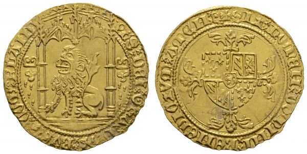 bis 1799 Belgien Flandern Lion d'or 1454-1460 Brügge Grafschaft, Philipp der Gute, 1419-1467, Herzog von Burgund, Av.: nach links sitzender Löwe in gotischem Portal, Rv.: Wappen auf Blumenkreuz, schön zentriertes Prachtexemplar  Fried. 185 Vernier 41 Delm. 489 v. Gelder/Hoc 3-2 4.23 g. selten in dieser Erhaltung vz