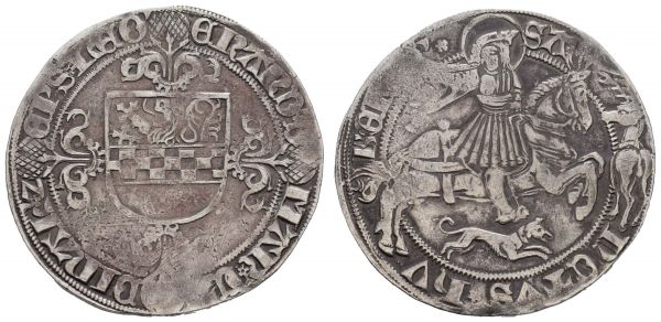 bis 1799 Belgien Lüttich Schnapphahn 1570 Luik/Liege Erard de la Marck, 1506-1538, Av.: dreifeldiges Wappen auf Blumenkreuz, Rv.: nimbieter St. Hubert galoppiert nach rechts, neben ihm ein nach rechts rennender Hund, rechts Hirsch  Dgs. 831 CH 441 7.41 g. selten ss