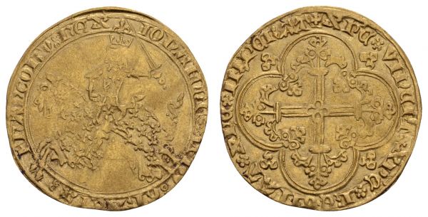 bis 1799 Frankreich Johann II., der Gute, 1350-1364 Franc á cheval o.J. (1360) Av.: König als Turnierritter nach links reitend, Rv.: Blumenkreuz im runden Vierpass  Fried. 279 Duplessy 294 3.79 g. ss-vz