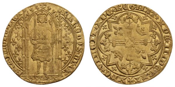 bis 1799 Frankreich Charles V., 1364-80 Franc à pied o.J. (1365) Der gekrönte König steht v. v. mit Schwert in der Rechten, umher gotisches Portal, Rv.: Vierpass, darin Blumenkreuz  Fried. 284 Duplessy 360 3.82 g. ss-vz