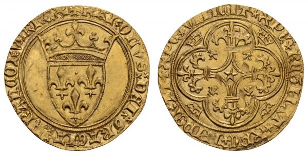 bis 1799 Frankreich Charles VI., 1380-1422 Ecu d'or à la couronne o.J. (nach 1385) Av.: gekröntes Lilienwappen, CAROLVS DEI GRACIA FRANCORVM REX, Rv.: im Vierpass eine Raute mit geschwungenen Seiten und je einer Grundlinie an den Spitzen, die je drei Blüten tragen, in den Vertiefungen des Vierpass jeweils eine Krone, XRS VINCIT etc., etwas knapper Schrötling  Fried. 291 Duplessy 369 3.71 g. vz-