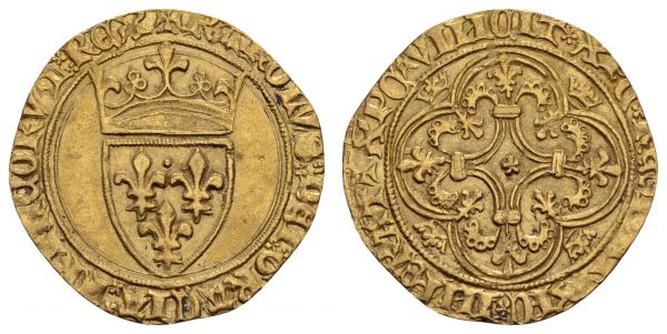 bis 1799 Frankreich Charles VI., 1380-1422 Ecu d'or à la couronne o.J. (nach 1385) Av.: gekröntes Lilienwappen, CAROLVS DEI GRACIA FRANCORVM REX, Rv.: im Vierpass eine Raute mit geschwungenen Seiten und je einer Grundlinie an den Spitzen, die je drei Blüten tragen, in den Vertiefungen des Vierpass jeweils eine Krone, XRS VINCIT etc., etwas knapper Schrötling  Fried. 291 Duplessy 369 3.68 g. ss+