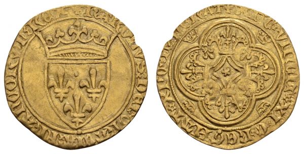 bis 1799 Frankreich Charles VI., 1380-1422 Ecu d'or à la couronne 11.09.1389 Rouen Av.: gekröntes Lilienwappen, CAROLVS DEI GRACIA FRANCORVM REX, Rv.: im Vierpass eine Raute mit geschwungenen Seiten und je einer Grundlinie an den Spitzen, die je drei Blüten tragen, in den Vertiefungen des Vierpass jeweils eine Krone, XRS VINCIT etc., kl. Schrötlingsfehler  Duplessy 369B Lafaurie 378a 3.95 g. ss