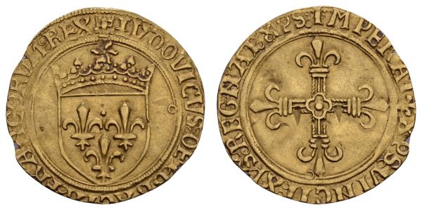 bis 1799 Frankreich Ludwig XII. 1498-1515 Ecu d'or au soleil ohne Jahr Av.: LVDOVICUS OEI GRA FRANCORUM REX, über gekröntem Wappen Sonne, Rv.: XPS VINCIT XPS REGNAT XPS IMPERAT Lilienkreuz, min. wellig, kl. Rf.  Fried. 336 Ciani 900 Dupl. 653 3.34 g. vz