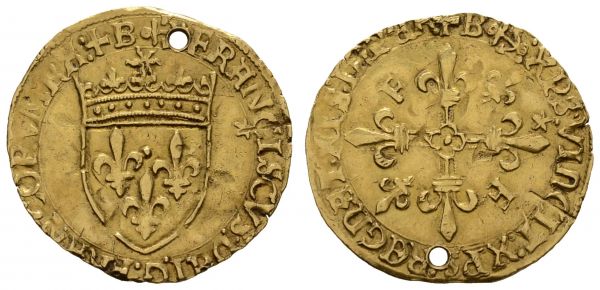 bis 1799 Frankreich Francois I., 1515-1547 Ecu d'or au soleil ohne Jahr (1519) Bayonne Av.: FRANCISCVS DG FRANCORVM REX + B, Anker, gekröntes Wappen, darüber Sonne, rechts im Feld Stern, Rv.: XPS VINCIT XPS REGNAT XPS INPE + B, Anker, Lilienkreuz in den Winkeln abwechselnd F und Lilie, rechts im Feld Stern, leider gelochtes, aber ansonsten feines Exemplar  Fried. 347 Dupl. 775 3.33 g. ss-vz