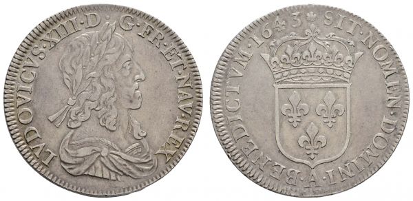 bis 1799 Frankreich Ludwig XIII., 1610-1643 ½ Ecu 1643 Paris deuxième poinçon de Warin, Rosette über der Krone  Gad. 50 DR 118 13.59 g. selten ss-vz