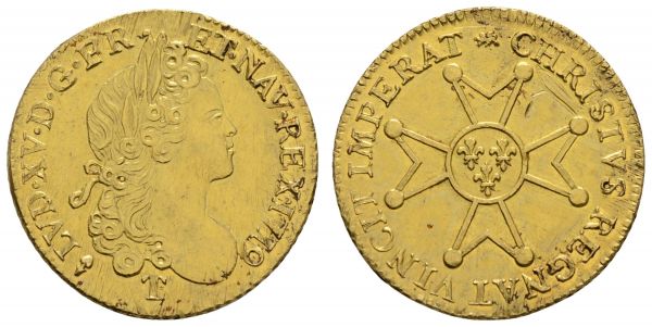 bis 1799 Frankreich Louis XV., 1715-1774 Louis d'or à la croix du Saint-Esprit 1719 Nantes Av.: belorbeerte Büste nach rechts, Rv.: Pfeilspitzenkreuz, an den Spitzen je eine Kugel, im Innenkreis drei Lilien, Kratzer auf der Rv., justiert, sonst Pracht, nur 14.000 Exemplare geprägt  DR 723 Gadoury 336 13.59 g. sehr selten, vor allem in dieser Erhaltung vz