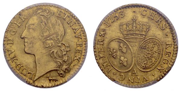 bis 1799 Frankreich Louis XV., 1715-1774 Louis d'or au bandeau 1753 A Paris im Slab von PCGS MS63  Duplessy 1643 Gadoury 341 Fried. 464 sehr selten in dieser Erhaltung