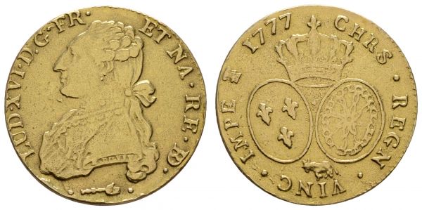 bis 1799 Frankreich Louis XVI., 1774-1793 Double louis d'or au buste habillé 1777 Pau unruhiger Grund, Ränder bearbeitet, nur 21.000 Stück geprägt  KM 577 Fried. 470 10.11 g. selten ss+