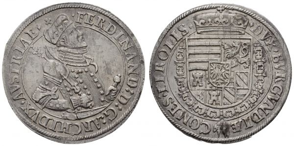 bis 1799 Habsburg Erzherzog Ferdinand, 1564-1595 Taler ohne Jahr Hall Av.: · FERDINAND : D : G : ARCHIDVX · AVSTRIAE ·*, Hüftbild im Harnisch mit Zepter und Schwert nach rechts, Rv.: · DVX · BVRGVNDIÆ - COMES · TIROLIS ·, Wappen in Ordenskette unter Erzherzogshut, justiert  Voglh. 87/4 var. 28.04 g. ss-vz