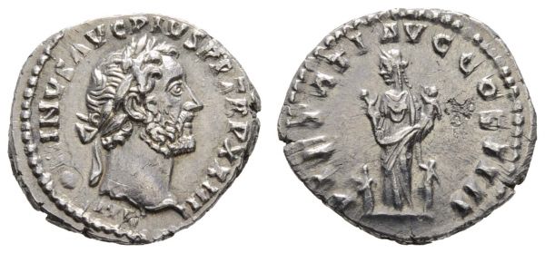 Römer Kaiserzeit Antonius Pius, 138-161 AR Denar 160-161 Rom Rv. Piets stehend mit 2 Kindern  RIC 313 3.16 g. vz