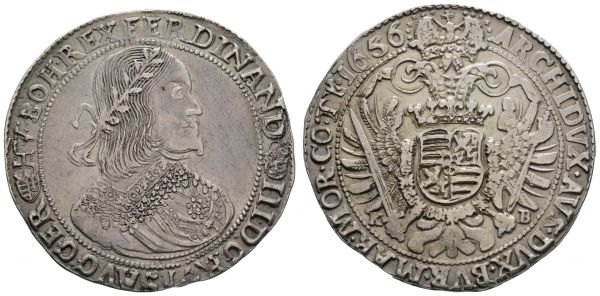 bis 1799 Habsburg Ferdinand III., 1637-1657 Taler 1656 Kremnitz kl. Zainende  Herinek 484 Huszár 1242 Dav. 3198 28.09 g. ss-vz