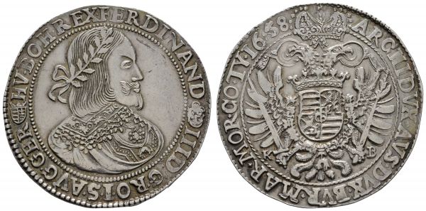 bis 1799 Habsburg Ferdinand III., 1637-1657 Taler 1658 Kremnitz posthume Prägung, Av.: belorbeertes Brustbild mit besticktem Kragen nach rechts, Rv.: gekrönter Doppeladler zwischen K-B, Felder teils altgeglättet  Herinek 489 Voglh. 197 Huszár 1242 Dav. 3198 28.62 g. vz-