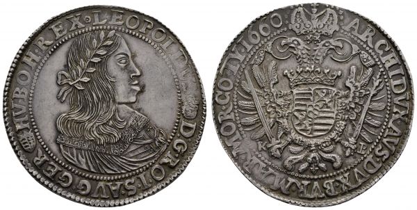 bis 1799 Habsburg Leopold I., 1657-1705 Reichstaler 1660 Kremnitz Av.: belorbeerte Büste nach rechts, Rv.: Doppeladler zwischen K-B, auf der Brust Wappen, unten V, Kabinettstück mit feiner Tönung  Dav. 3254 Huszar 1365 28.61 g. selten in dieser Erhaltung vz