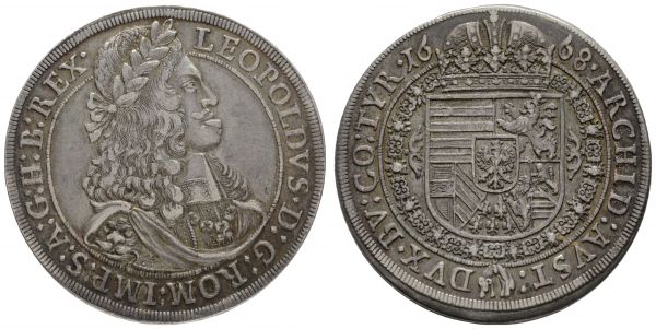 bis 1799 Habsburg Leopold I., 1657-1705 Taler 1668 Hall Av.: geharnischtes Brustbild nach rechts mit Lorbeerkranz und umgelegtem Mantel, Löwenkopf an der Schulter, Rv.: gekröntes Wappen, feine irisierende Patina  Dav. 3240 CNH 26 M./T. 702 Voglh. 221 I 28.61 g. ss-vz