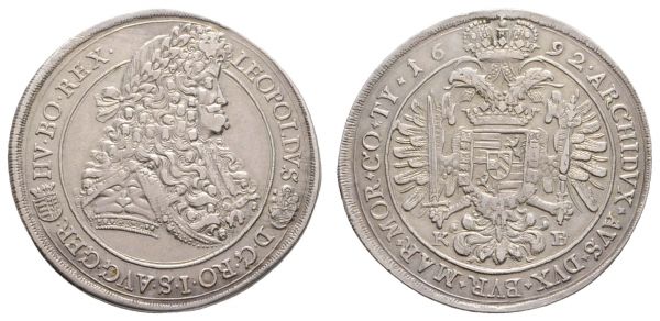 bis 1799 Habsburg Leopold I., 1657-1705 Reichstaler 1692 Kremnitz Av.: LEOPOLDVS D G RO I S AVG GER HV BO REX, belorbeerte Büste im Harnisch nach rechts, Rv.: ARCHIDVX AVS DVX BVR MAR MOR CO TY, bekrönter Doppeladler mit Zepter und Reichsschwert  Dav. 3262 Huszar 1373 28.43 g. ss-vz