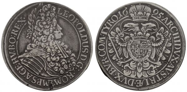 bis 1799 Habsburg Leopold I., 1657-1705 Taler 1695 Wien Av.: belorbeerte deutsch geharnischte Büste des Kaisers nach rechts, Rv.: gekrönter Doppeladler mit großem Brustschild, kleine Schrötlingsfehler, feine Tönung  Dav. 3229 Herinek vergl. 595 Voglh. 234 28.17 g. ss-vz