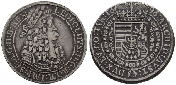 bis 1799 Habsburg Leopold I., 1657-1705 Taler 1696 Hall Av.: belorbeertes und geharnischtes Brustbild mit großer Allongeperücke nach rechts, Rv.: gekröntes Wappen mit Tiroler Adlerschild, feine Tönung  Dav. 3243 Herinek 644 Voglh. 221/6 28.05 g. ss-vz