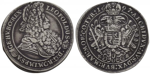 bis 1799 Habsburg Leopold I., 1657-1705 Taler 1697 Kremnitz Jahreszahl im Stempel aus 1696 geändert, Av.: belorbeerte Büste des Kaisers nach rechts, Rv.: gekrönter Doppeladler mit quadriertem Brustschild Ungarn / Böhmen zwischen K - B  Dav. 3264 Huszar 1374 Herinek 741 Voglh. 225 28.48 g. ss-vz