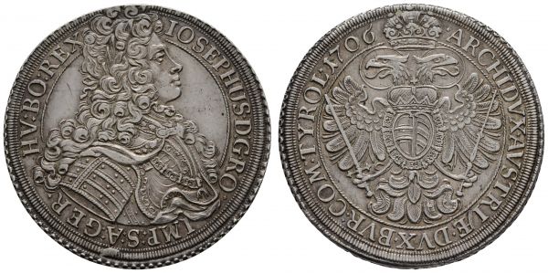 bis 1799 Habsburg Josef I., 1705-1711 Taler 1706 Wien Av.: Büste Josephs im Harnisch nach rechts, Rv.: Doppeladler mit Brustschild unter Krone, mit Stempelschneidermonogramm I·M·H, kleiner Krater im Avers, wundervoll getöntes Kabinettexemplar  Dav. 1013 Herinek 120 28.81 g. selten in dieser Erhaltung vz