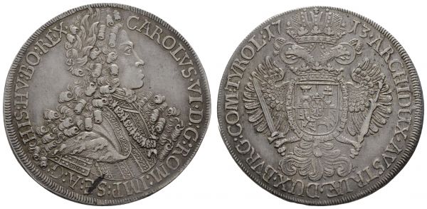 bis 1799 Habsburg Karl VI., 1711-1740 Taler 1713 Hall Tuschefleck auf der Aversseite  Dav. 1050 Moser/Tursky 838 Herinek 332 Voglh. 259/I 28.69 g. ss-vz