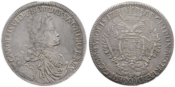 bis 1799 Habsburg Karl VI., 1711-1740 Taler 1718 Brustbild nach rechts, gekrönter Schild, gekrönter Reichsadler mit Schwert und Zepter, ein Zainende  Moser/Tursky 841 Dav. 1051 28.56 g. ss-vz