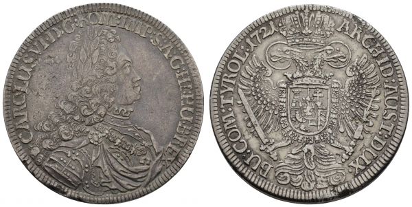 bis 1799 Habsburg Karl VI., 1711-1740 Taler 1721 Hall Walzenprägung, Schrötlingsfehler  Dav. 1053 Moser/Tursky 843 28.31 g. ss+