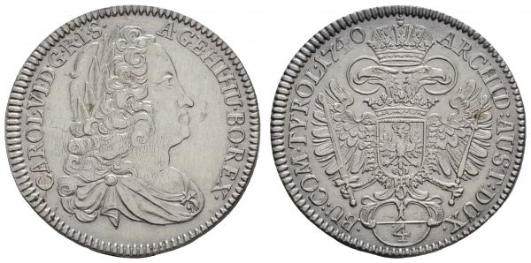 bis 1799 Habsburg Karl VI., 1711-1740 ¼ Taler 1740 Hall  MT 831 Herinek 588 7.25 g. selten in dieser Erhaltung vz