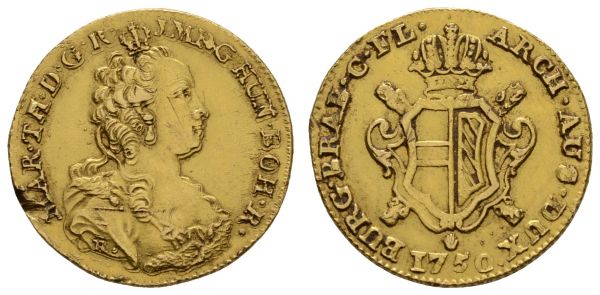 bis 1799 Habsburg Maria Theresia, 1740-1780 Souverain d'or 1750 Antwerpen starker Randfehler, trotzdem attraktive Münze  Fried. 132 Herinek 358 5.53 g. ss-vz