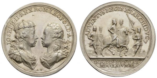 bis 1799 Habsburg Maria Theresia, 1740-1780 1764 Silbermedaille von Anton Franz Widemann auf den Besuch des Königs und des Erzherzogs Leopold in den ungarischen Bergstädten, Av.: die Büsten Josefs und Leopolds einander gegenüber, darunter die Initialen des Medailleurs, Rv.: König und Erzherzog zu Pferd, von Bergmann mit Fahne geführt, gefolgt von zwei weiteren Bergleuten, kl. Rf., feinstes Kabinettexemplar  Mont. 1926 Slg. Julius 2688 Slg. Vogelsang 301 Müseler 71/20 H. 3129 17.41 g. sehr selten in dieser Erhaltung vz+