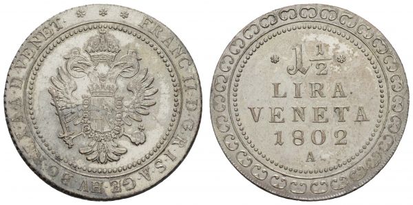 bis 1799 Habsburg Franz II. / I., 1792-1835 1802 Wien Prägung für Venetien, Prachtexemplar  Herinek 576 Rieder 22.56 b J. 144 Gig. 7 Pag. 8 12.36 g. selten in dieser Erhaltung vz