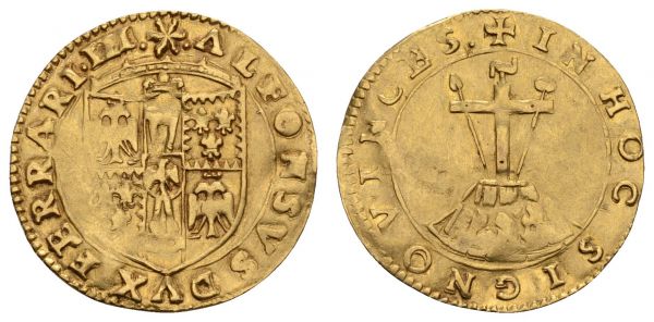 bis 1799 Italien-Ferrara Alfonso I. d' Este 1505-1534 Scudo d'oro del sole ohne Jahr Av.: ALFONSVS DVX FERRARIE III, Sonne über Wappen, Rv.:  + IN HOC SIGNO VINCES, Kalvarienkreuz  Fried. 269 3.29 g. R gutes ss