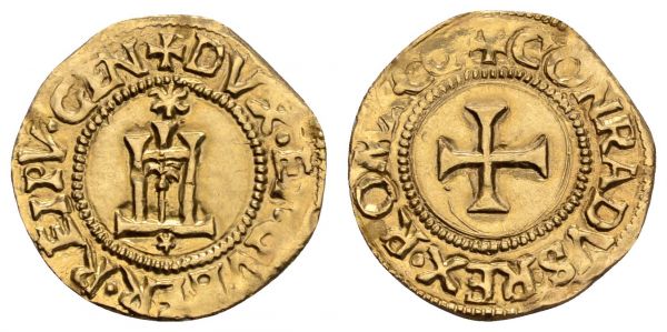 bis 1799 Italien-Genua Dogenherrschaft 1528-1797 Scudo d'oro del Sole ohne Jahr  (1528-1541) 1. Phase, Av.: +DVX·ET·GVBER·REIPV·GEN, Kastell, darüber Sonne, darunter 5-strahliger Stern, herum Perlkreis, Rv.: +CONRADVS· REX·ROMA·CG, Kreuz im Perlkreis, beschnitten  Fried. 412 CNI III/Nr. 206 Varesi 185/8 3.04 g. selten vz