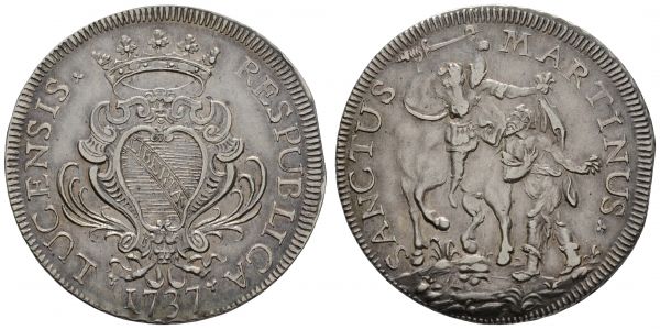 bis 1799 Italien-Lucca Republik 1369-1799 Scudo 1737 teils irisierende Patina  Dav. 1373 Bellesia 45 27.87 g. ss-vz