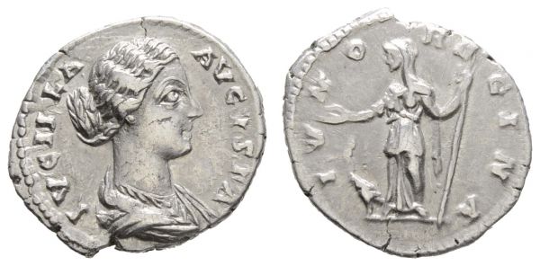 Römer Kaiserzeit Lucilla, 164-169 AR Denar 166-169 Rom Rv. stehende Ivno mit Zepter, Patera und einen Pfau zu Fuss  RIC 772 3.33 g. ss+