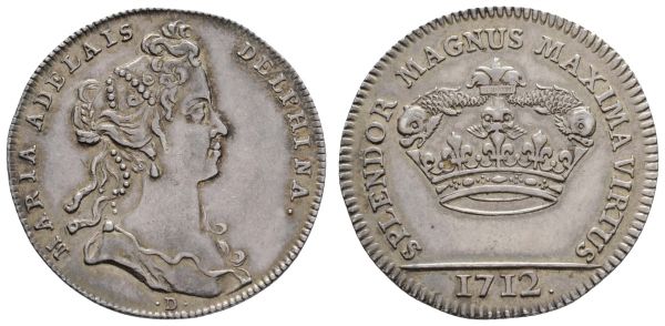 bis 1799 Italien-Savoyen Viktor Amadeus II., seit 1675 Herzog von Savoyen, 1713-1720 König von Sizilien, 1720-1730 König von Sardinien 1712 Silberjeton auf den Tod seiner Tochter Maria Adelaide, 1685-1712  Feuardent 11199 3.51 g. selten, vor allem in dieser Erhaltung vz