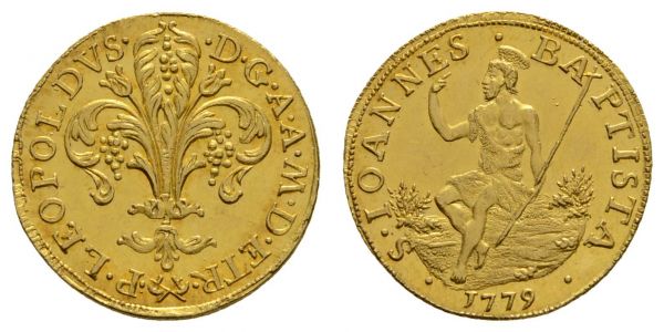 bis 1799 Italien-Toskana Pietro Leopoldo di Lorena, 1765-1790 Fiorino d' oro 1779 Florenz Av.: Lilie über gekreuzten Beilen, · P · L · LEOPOLDVS · - · D · G · A · A · M · D · ETR ·, Rv.: Johannes der Täufer sitzt nach links an Flussufer, · S · IOANNES · BA - PTISTA ·, 1779, schräger Riffelrand, erstes Jahr der Fiorino-Prägungen des späteren Kaisers Leopold II., unter seiner Herrschaft führte er etliche Reformen im Großherzogtum Toskana durch wie Finanzreformen, die Abschaffung der Todesstrafe und die flächendeckende Impfung gegen die Pocken, seine vom Gedanken der Aufklärung getragene Verfassungsreform mit der Stärkung der Bürgerrechte und der Gewaltenteilung stieß allerdings auf breite Ablehnung  Mont. 372/1 K.M. C 27 Fried. 335 3.51 g. selten, vor allem in dieser Erhaltung vz-st