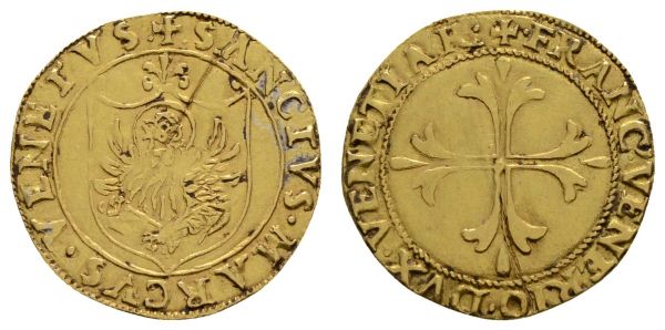 bis 1799 Italien-Venedig Francesco Venier 1554-1556 Scudo d'oro Av.: + SANCTVS MARCVS VENETVS, Löwenwappen im Kreis, Rv.: + FRANC' VENERIO DVX VENETIAR, florales Kreuz, Schrötlingsriss, beschnitten  Fried. 1454 2.95 g. ss