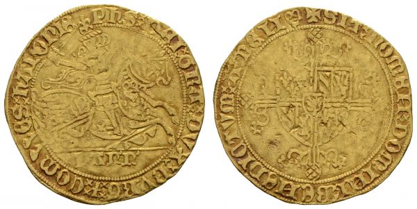 bis 1799 Niederlande Philipp der Gute, 1433-1467, seit 1419 Herzog von Burgund Cavalier d'or = Gouden Ridder ohne Jahr Av.: Graf zu Pferd nach rechts preschend, Rv.: Wappen auf Blumenkreuz, feine Goldpatina  Fried. 126 Delm. 743 Gelder/Hoc 1-4 3.53 g. selten ss+