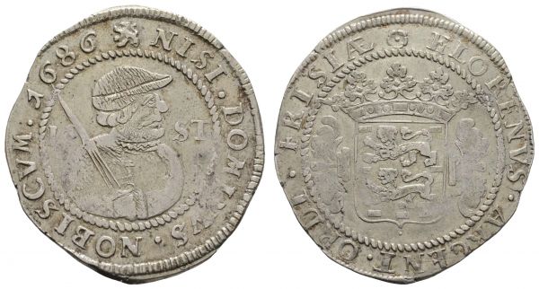 bis 1799 Niederlande Friesland 14 Stuivers = ½ Florijn 1686 mit altem Sammlungszettelchen  Delm. 1101 CNM 2.16.86 HPM Fr. 61 8.39 g. ss-vz