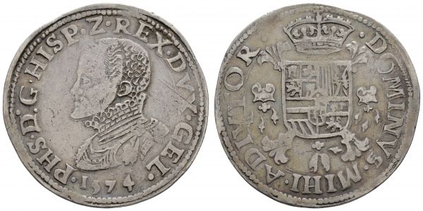 bis 1799 Niederlande Geldern Taler 1574 sogenannter Philippstaler/Philippsdaalder, Av.: Brustbild nach links, Rv.: Wappen auf Burgunderkreuz  Dav. 8495 ex Sammlung Dr. med. Bruder 33.26 g. sehr selten ss