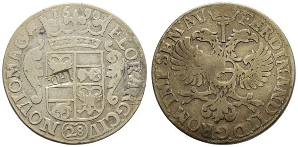 bis 1799 Niederlande Geldern 28 Stuivers = Florijn 1690 Nijmegen mit Titel Ferdinand II., Broschierspur, Patina, Gegenstempel HOL  CNM 2.36.24 vdWis Gegenstempel A 14 de Bruin 58 Passon 81 Delm. 1097 18.97 g. ss