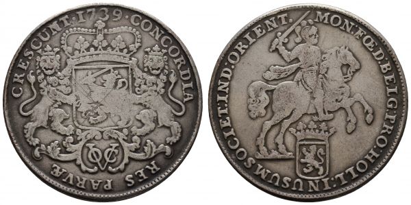 bis 1799 Niederlande Ostindien-Kompanie Ducaton 1739 mit schrägem Riffelrand, Av.: von Löwen gehaltenes gekröntes Wappen unter Jahr und über Monogramm der VOC, Rv.: Reiter über Wappen mit gezücktem Schwert nach rechts preschend, flaue Oberfläche, tiefe Kratzer auf Avers und Revers, Belegstück, spätere asiatische Prägung des 19. Jahrhunderts  K.M. 51 28.09 g. selten ss