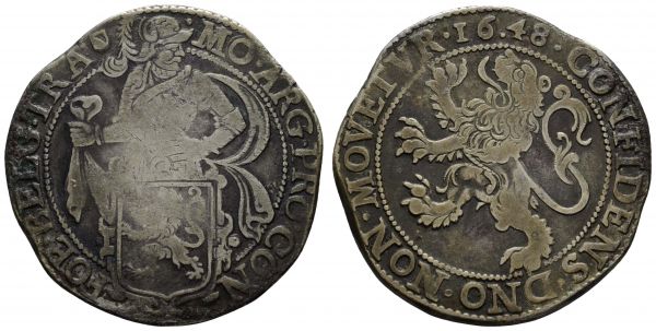 bis 1799 Niederlande Utrecht Löwentaler (Leeuwendaalder) 1648 Utrecht Av.: nach rechts blickender Ritter über Löwenschild, Rv.: nach links steigender Löwe  Dav. 4863 Delm. 845 26.27 g. ss